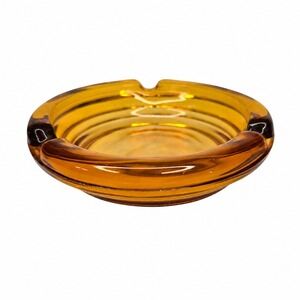 Vintage Amber Ribbed Glass Ashtray 4 3/8" Round Mid Century Modern MCM Retro